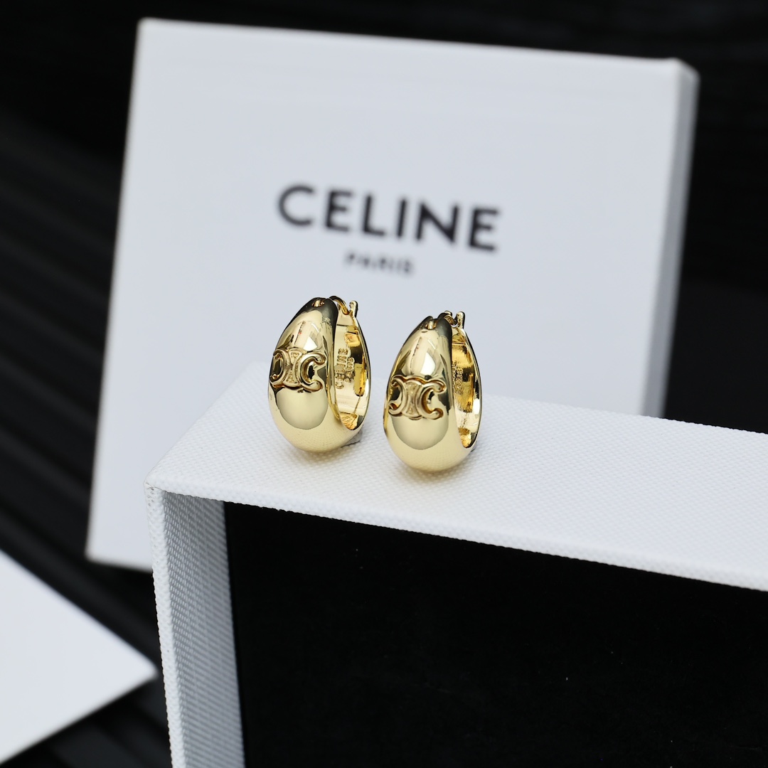 Celine Triomphe Arc de Triomphe earrings gold tone metal 2cm hoop diameter