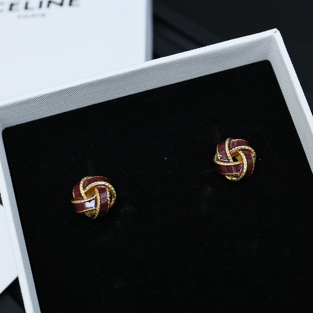 Celine PRECLOUS Knot Stud Earrings earrings gold-tone metal with white enamel 1 2cm stud diameter