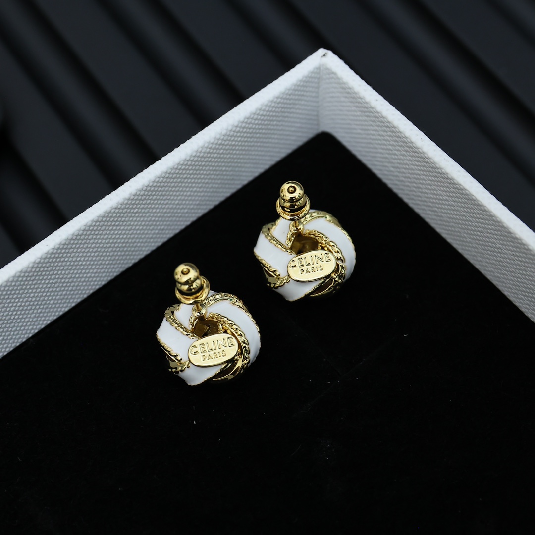 Celine PRECLOUS Knot Stud Earrings earrings gold-tone metal with white enamel 1 2cm stud diameter