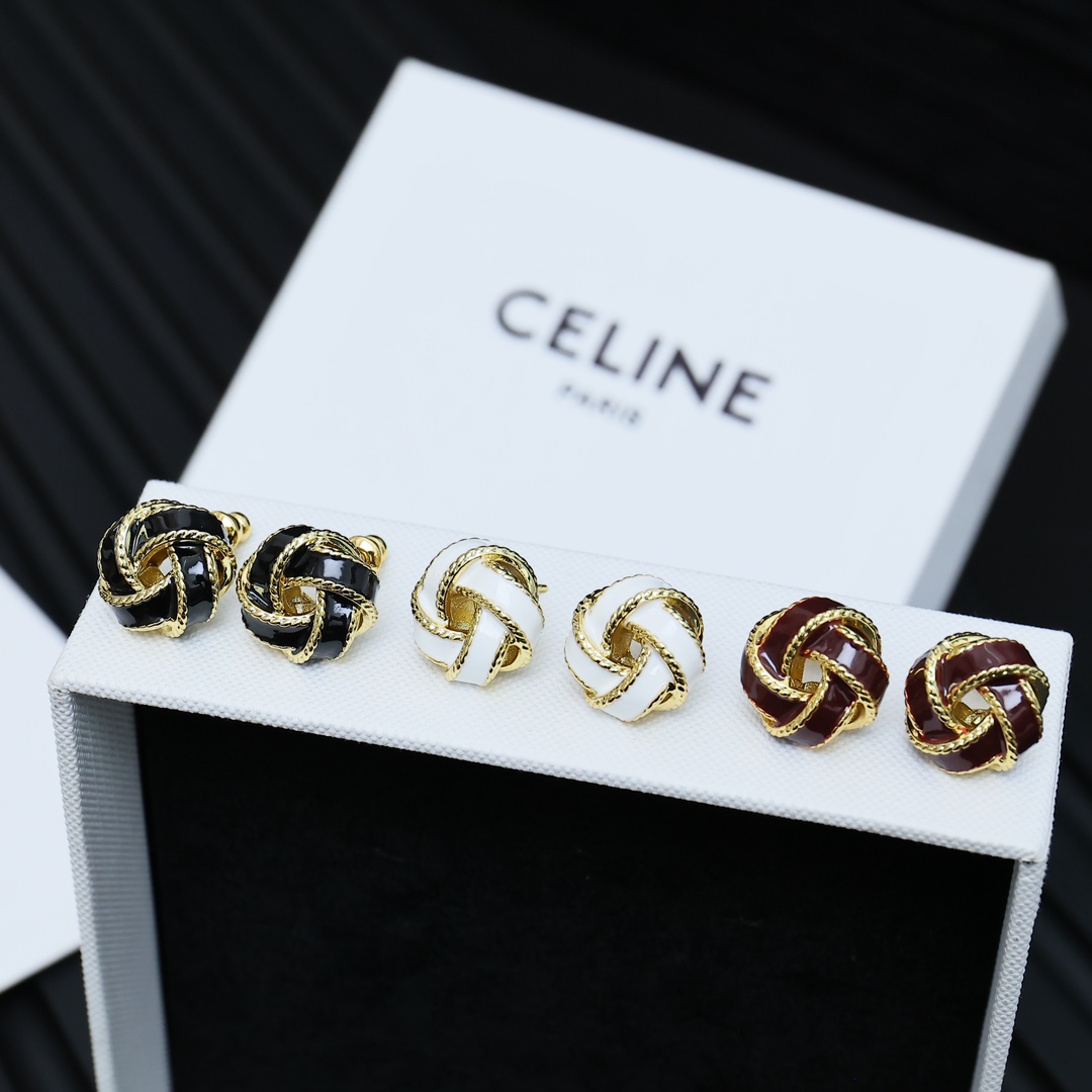 Celine PRECLOUS Knot Stud Earrings earrings gold-tone metal with white enamel 1 2cm stud diameter