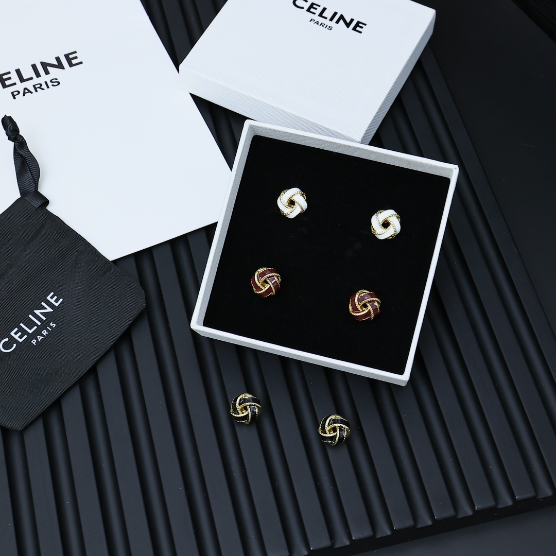 Celine PRECLOUS Knot Stud Earrings earrings gold-tone metal with white enamel 1 2cm stud diameter