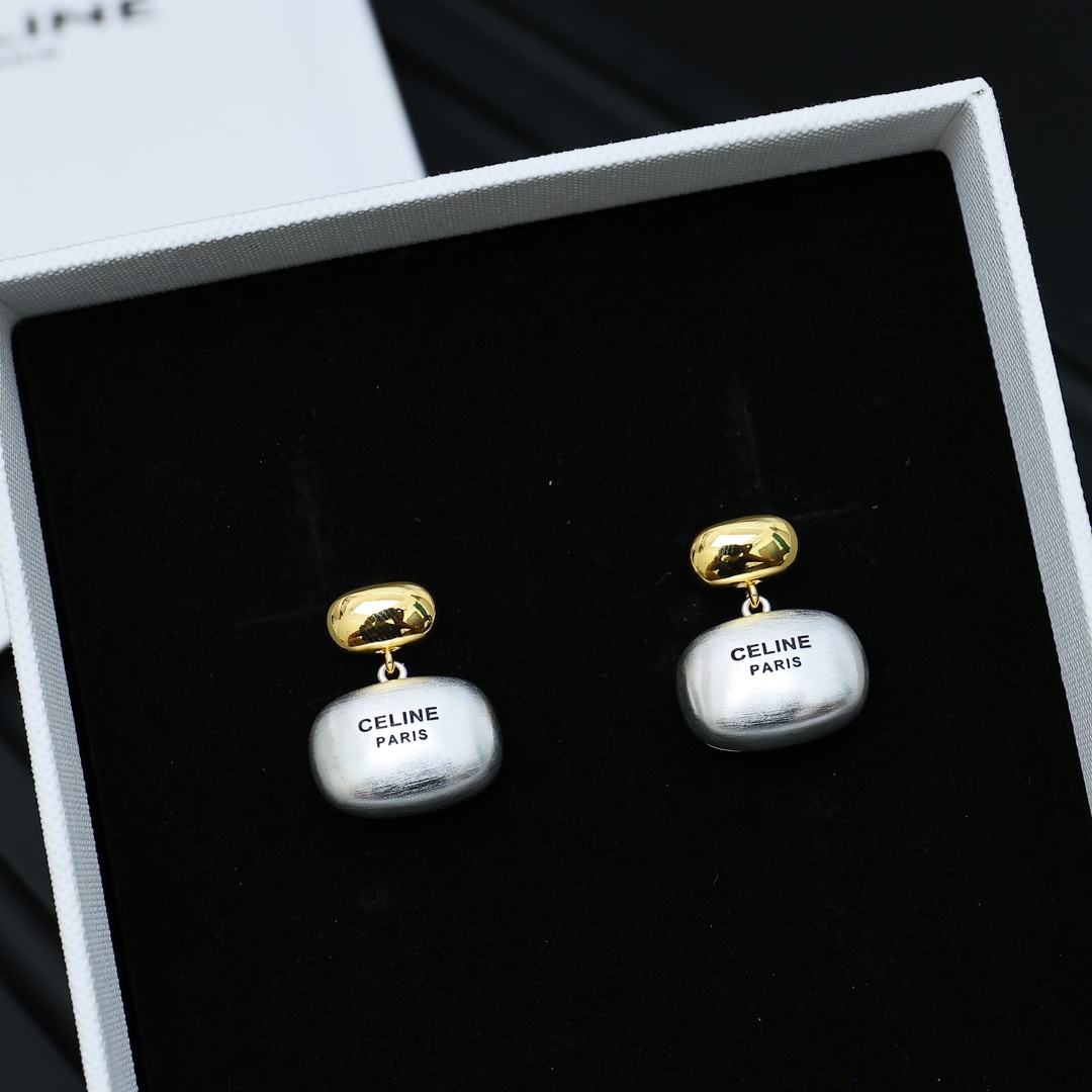 Celine Two-Tone Logo Drop Earrings earrings gold-tone metal silver-tone metal black engraved logo 2 5cm drop length