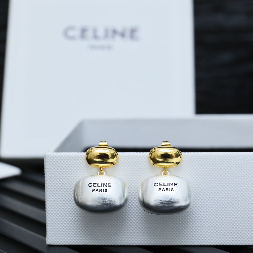Celine Two-Tone Logo Drop Earrings earrings gold-tone metal silver-tone metal black engraved logo 2 5cm drop length