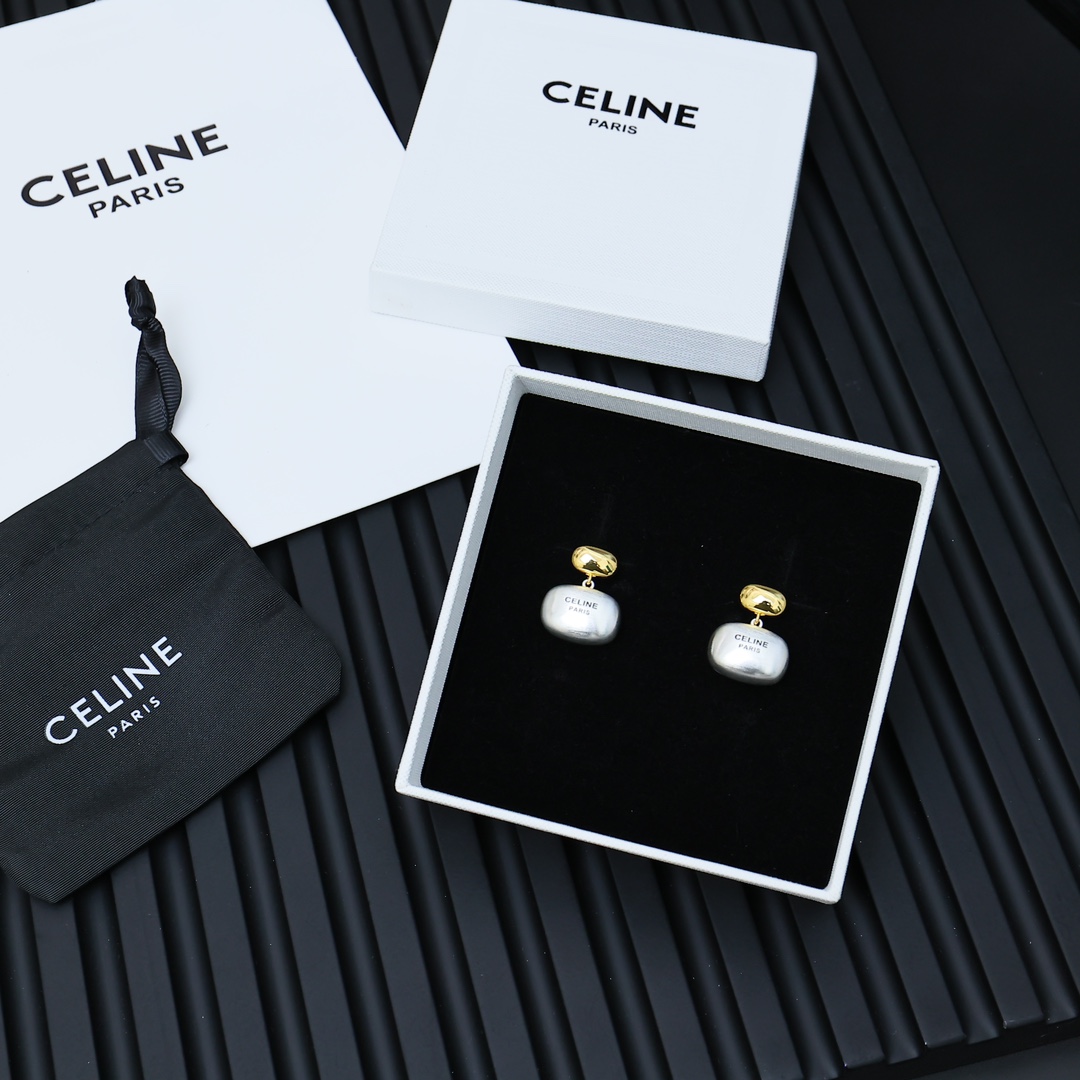 Celine Two-Tone Logo Drop Earrings earrings gold-tone metal silver-tone metal black engraved logo 2 5cm drop length