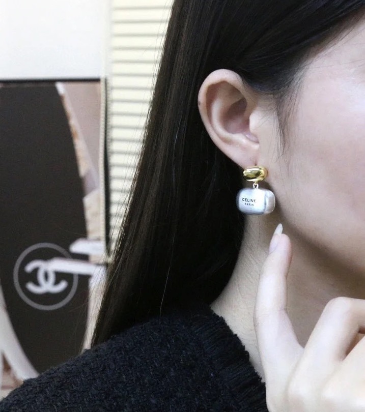 Celine Two-Tone Logo Drop Earrings earrings gold-tone metal silver-tone metal black engraved logo 2 5cm drop length