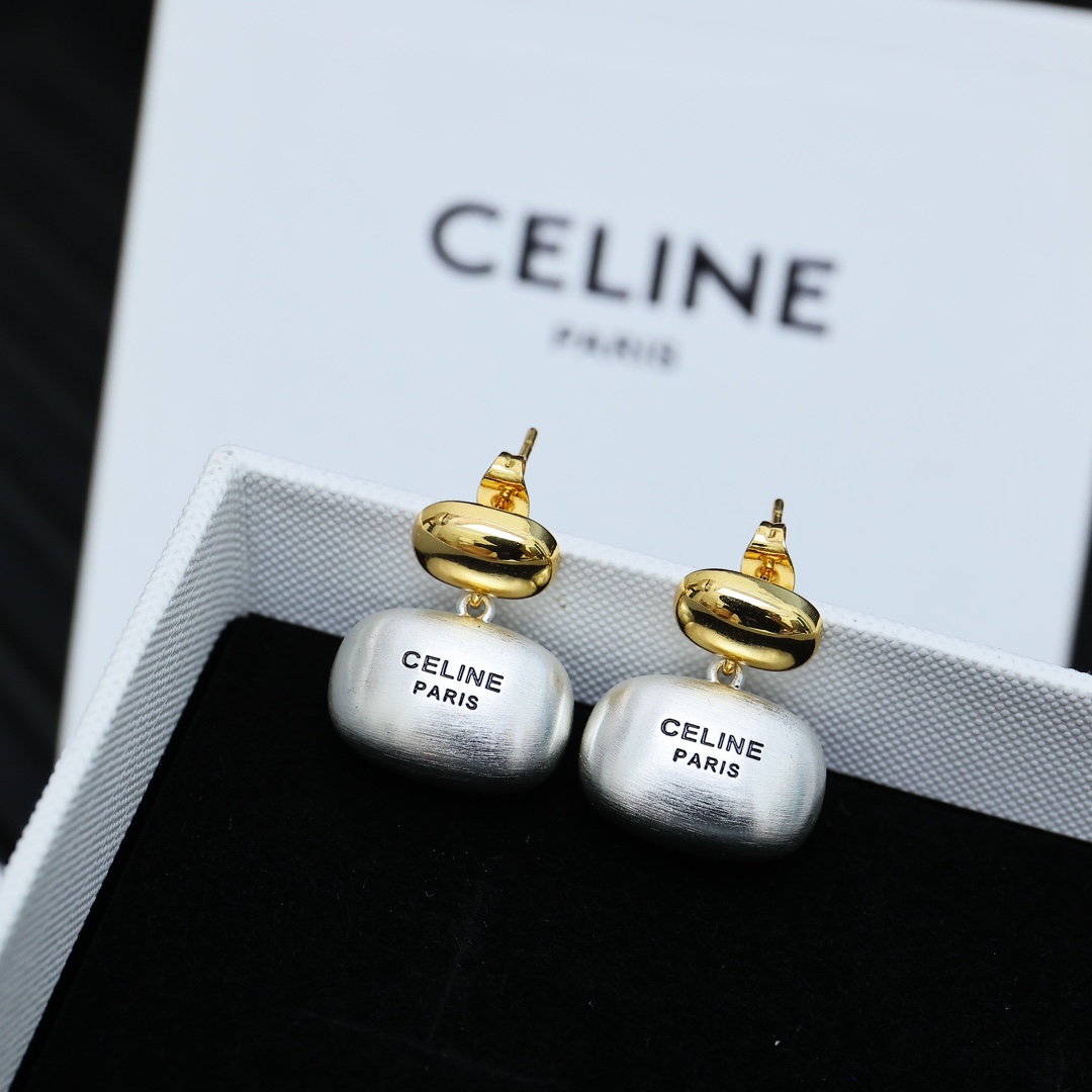 Celine Two-Tone Logo Drop Earrings earrings gold-tone metal silver-tone metal black engraved logo 2 5cm drop length