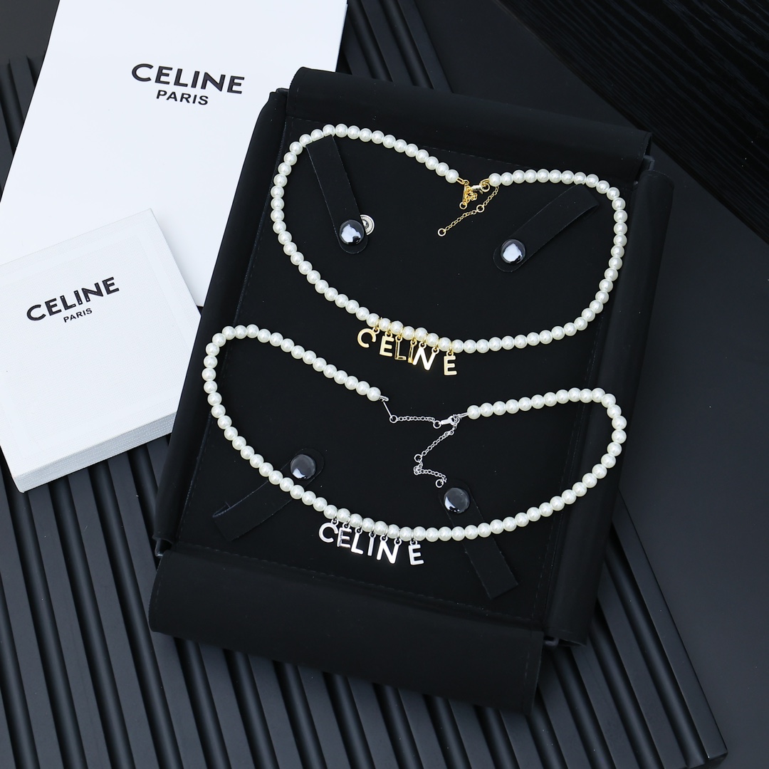 Celine PRECIOUS Logo Letter Pearl Necklace necklace Gold-tone metal with white pearls 40cm with 5cm extender chain