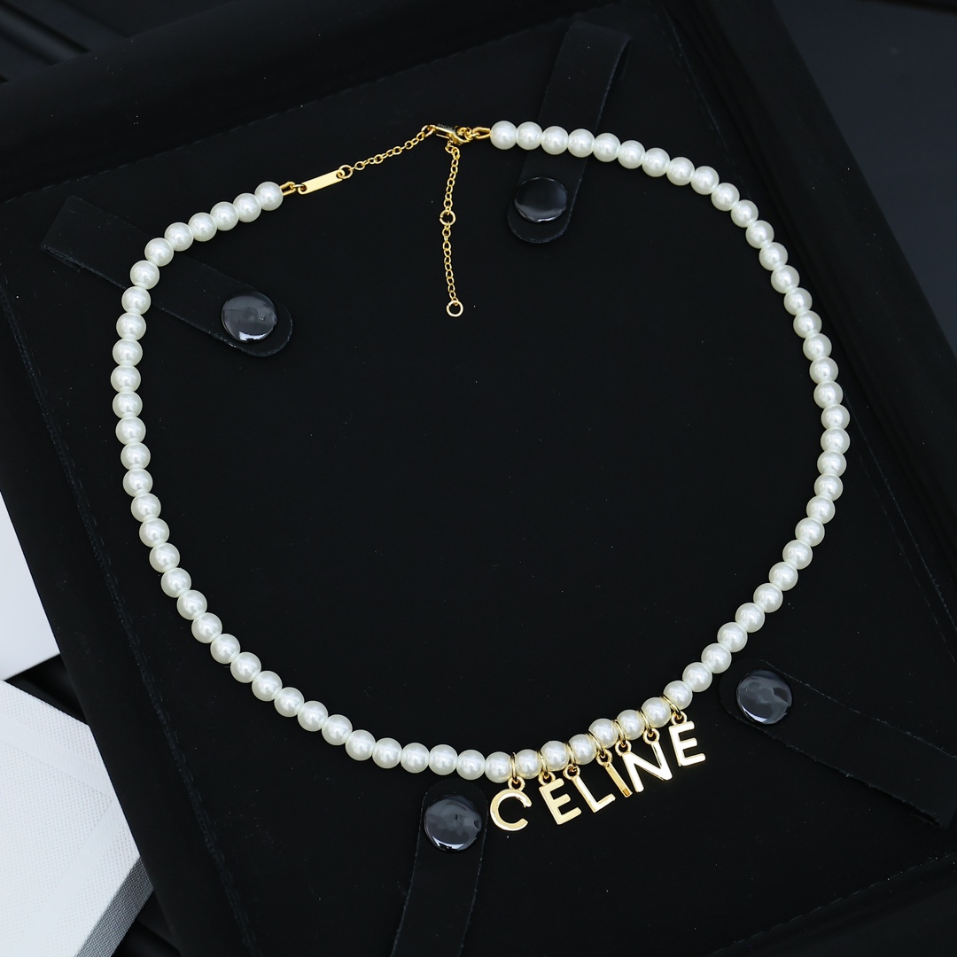 Celine PRECIOUS Logo Letter Pearl Necklace necklace Gold-tone metal with white pearls 40cm with 5cm extender chain