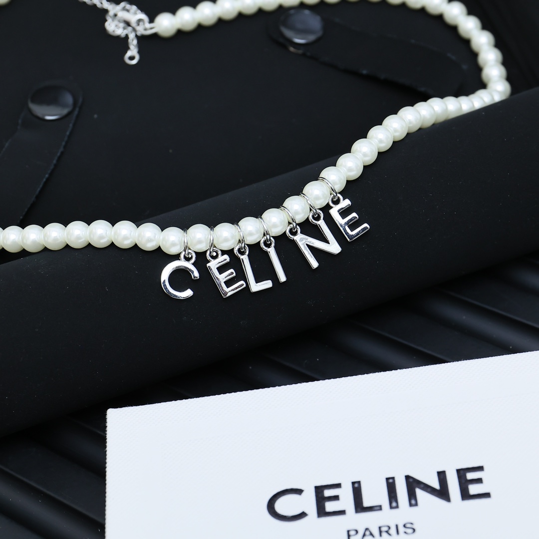 Celine PRECIOUS Logo Letter Pearl Necklace necklace Gold-tone metal with white pearls 40cm with 5cm extender chain