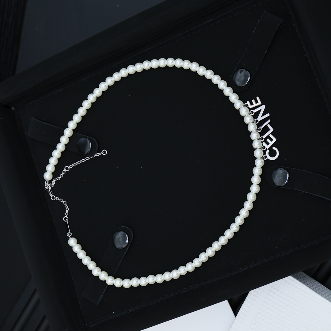 Celine PRECIOUS Logo Letter Pearl Necklace necklace Gold-tone metal with white pearls 40cm with 5cm extender chain
