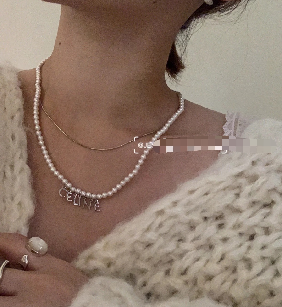 Celine PRECIOUS Logo Letter Pearl Necklace necklace Gold-tone metal with white pearls 40cm with 5cm extender chain