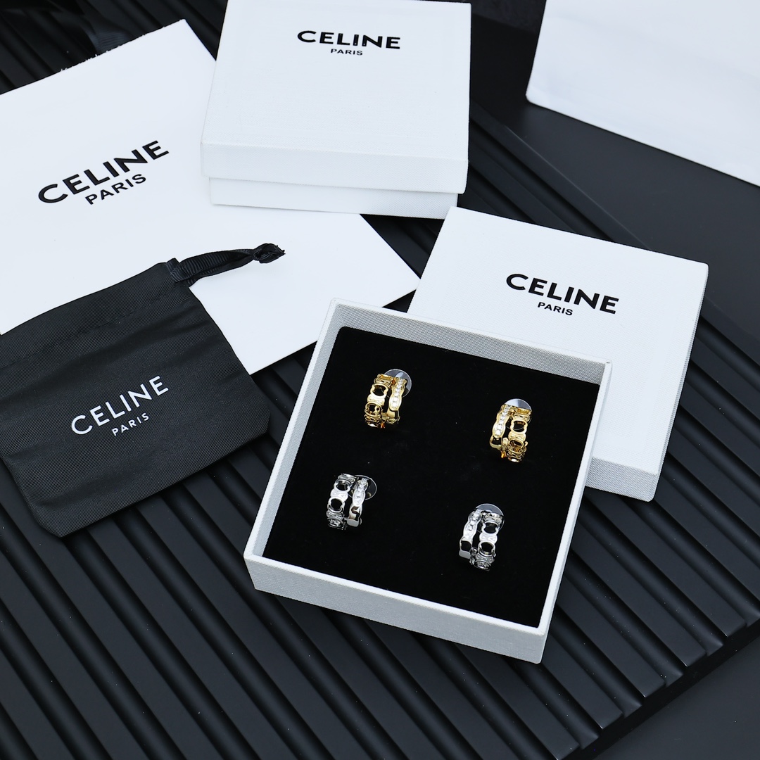 Celine Triomphe Crystal Hoop Earrings earrings Silver-toned metal with clear faceted crystals Gold-toned metal with clear faceted crystals 1 2cm hoop diameter