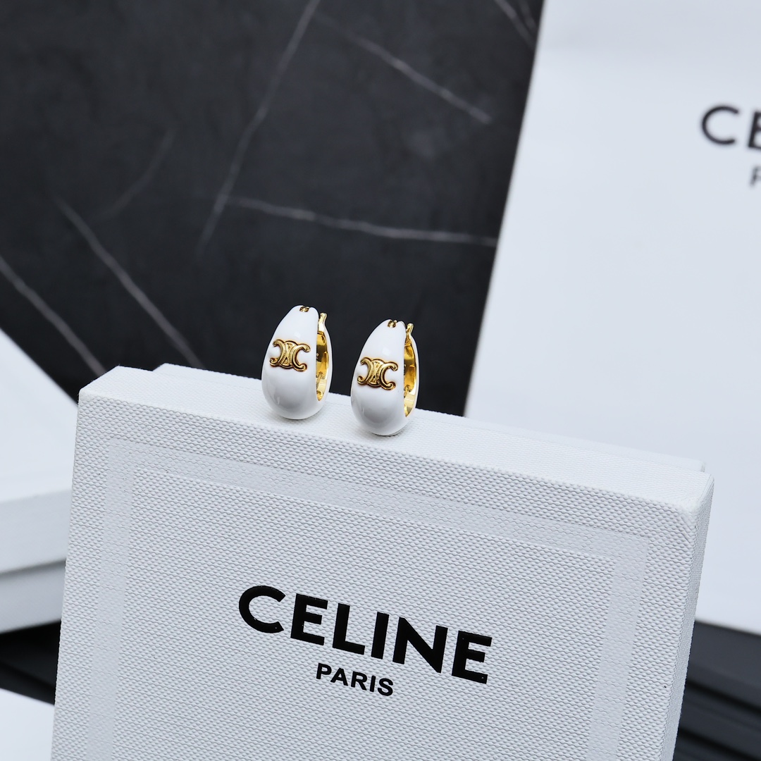 Celine Triomphe earrings gold-tone metal with white enamel 2 2cm hoop diameter