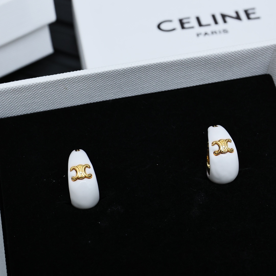 Celine Triomphe earrings gold-tone metal with white enamel 2 2cm hoop diameter