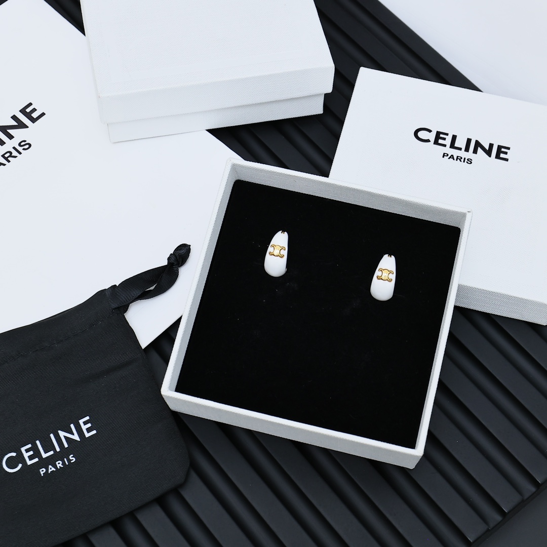 Celine Triomphe earrings gold-tone metal with white enamel 2 2cm hoop diameter