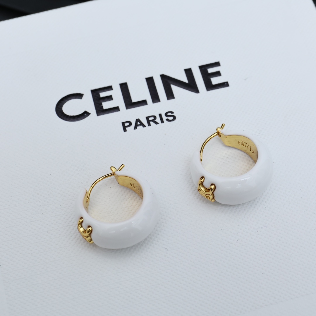 Celine Triomphe earrings gold-tone metal with white enamel 2 2cm hoop diameter