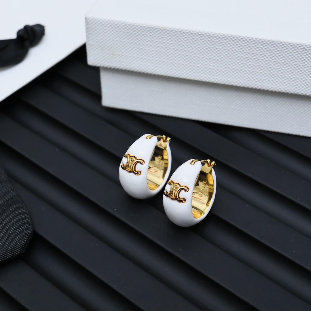 Celine Triomphe earrings gold-tone metal with white enamel 2 2cm hoop diameter