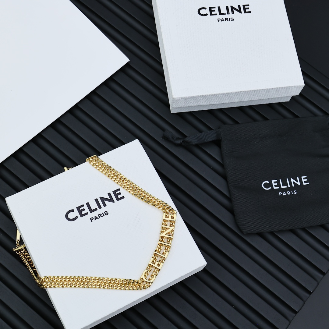 Celine PRECLOUS Logo Double Chain Choker necklace gold-tone metal 40cm with 5cm extender