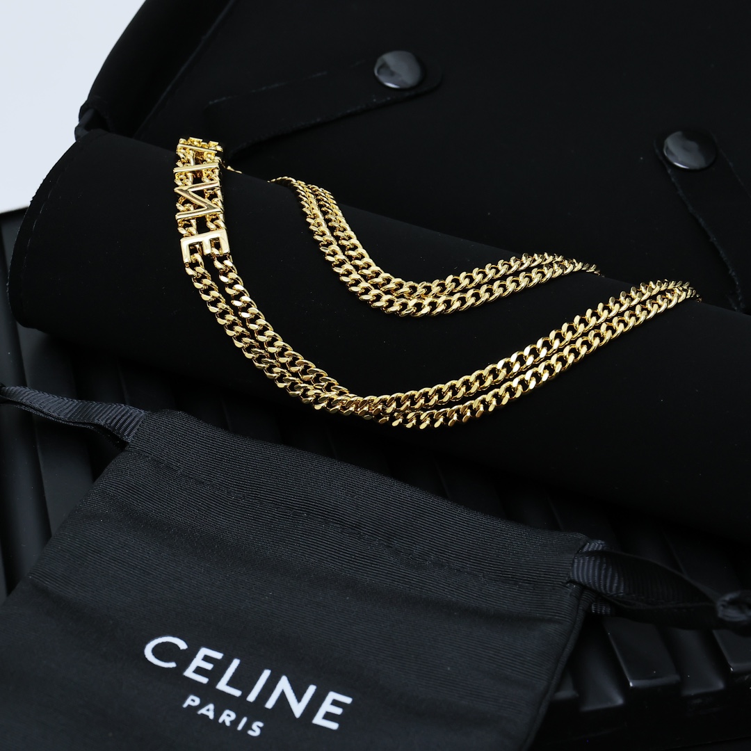 Celine PRECLOUS Logo Double Chain Choker necklace gold-tone metal 40cm with 5cm extender