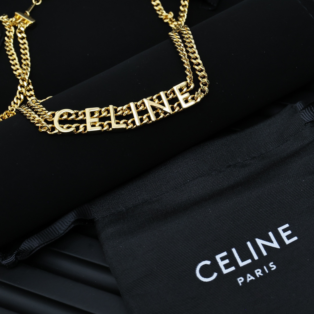Celine PRECLOUS Logo Double Chain Choker necklace gold-tone metal 40cm with 5cm extender