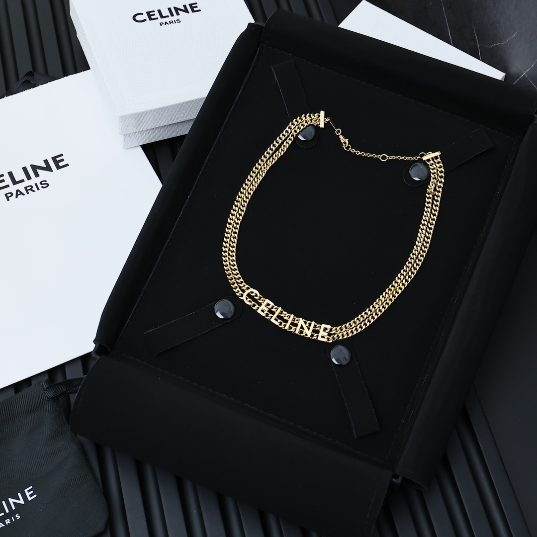 Celine PRECLOUS Logo Double Chain Choker necklace gold-tone metal 40cm with 5cm extender