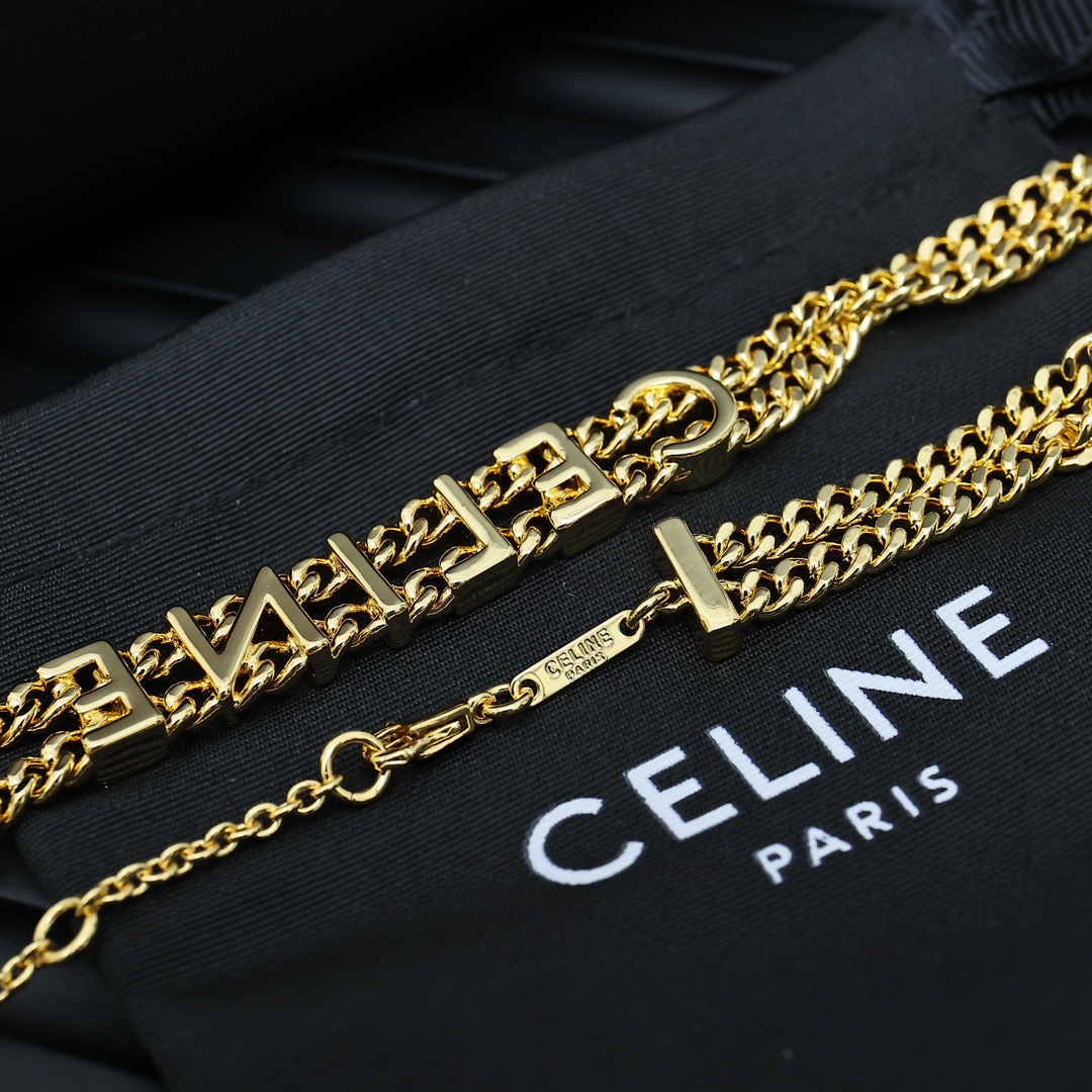 Celine PRECLOUS Logo Double Chain Choker necklace gold-tone metal 40cm with 5cm extender