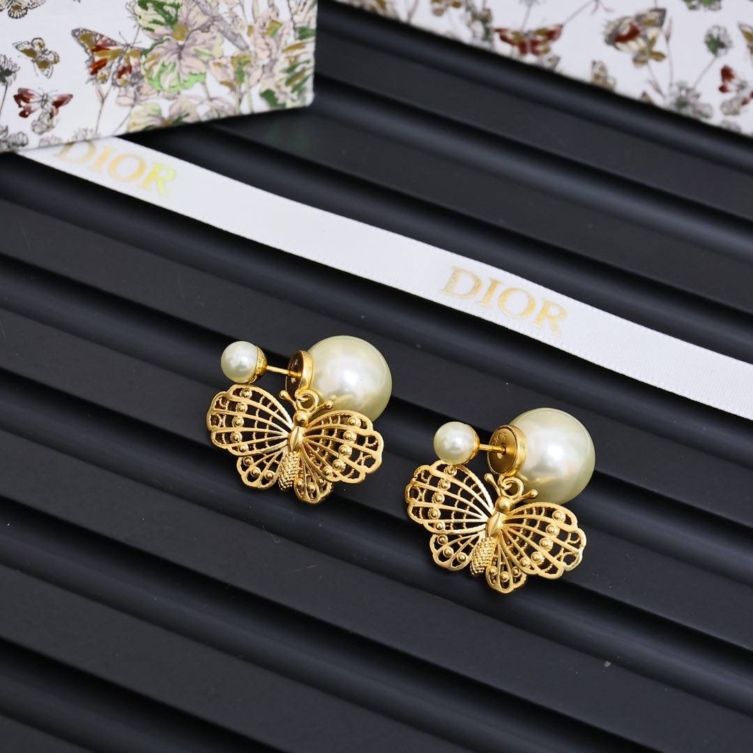 Dior Tribales Butterfly Pearl earrings Gold-tone metal with cream white faux pearls One Size