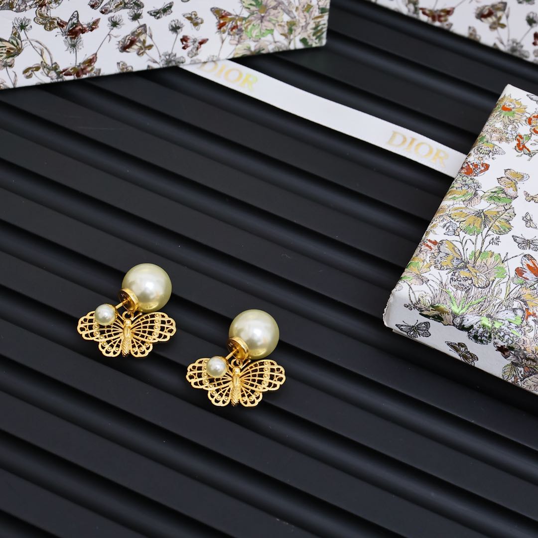 Dior Tribales Butterfly Pearl earrings Gold-tone metal with cream white faux pearls One Size