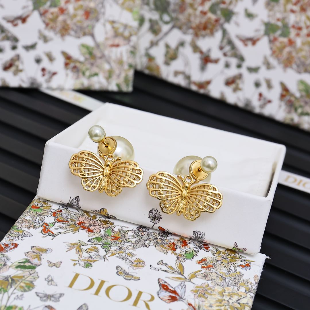 Dior Tribales Butterfly Pearl earrings Gold-tone metal with cream white faux pearls One Size