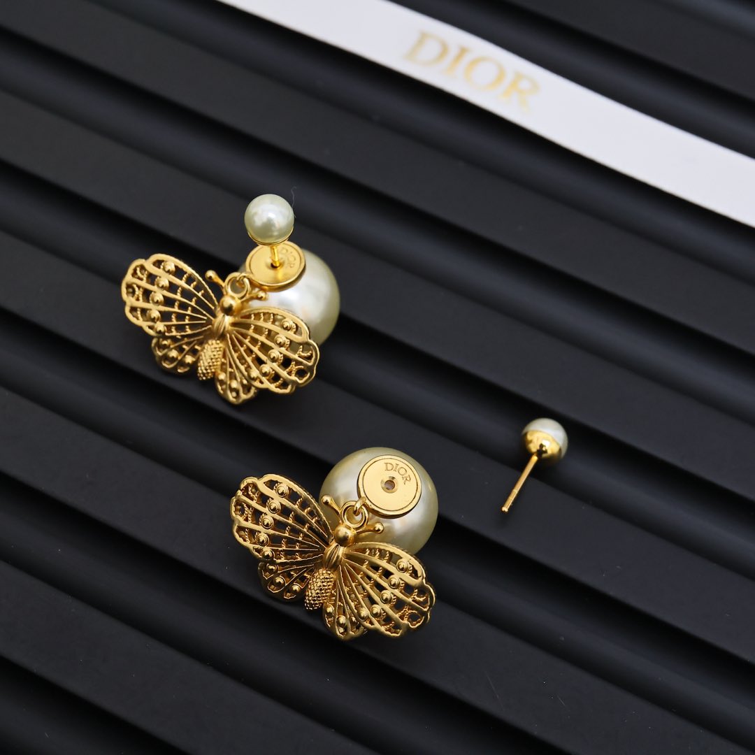 Dior Tribales Butterfly Pearl earrings Gold-tone metal with cream white faux pearls One Size