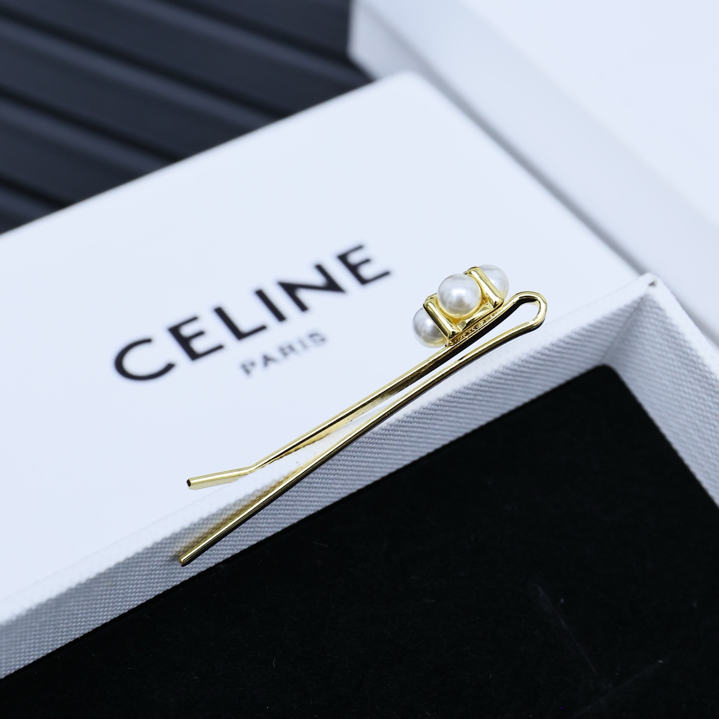 Celine Arc de Triomphe Pearl Flower brooch gold-tone metal with white pearls and clear crystal accents 6cm