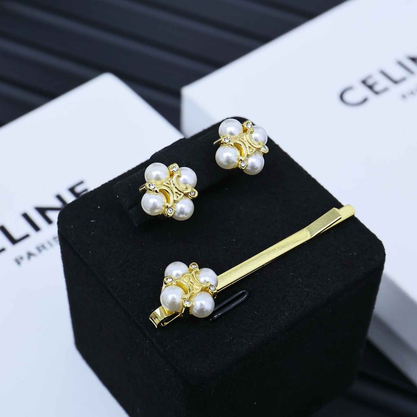 Celine Arc de Triomphe Pearl Flower brooch gold-tone metal with white pearls and clear crystal accents 6cm