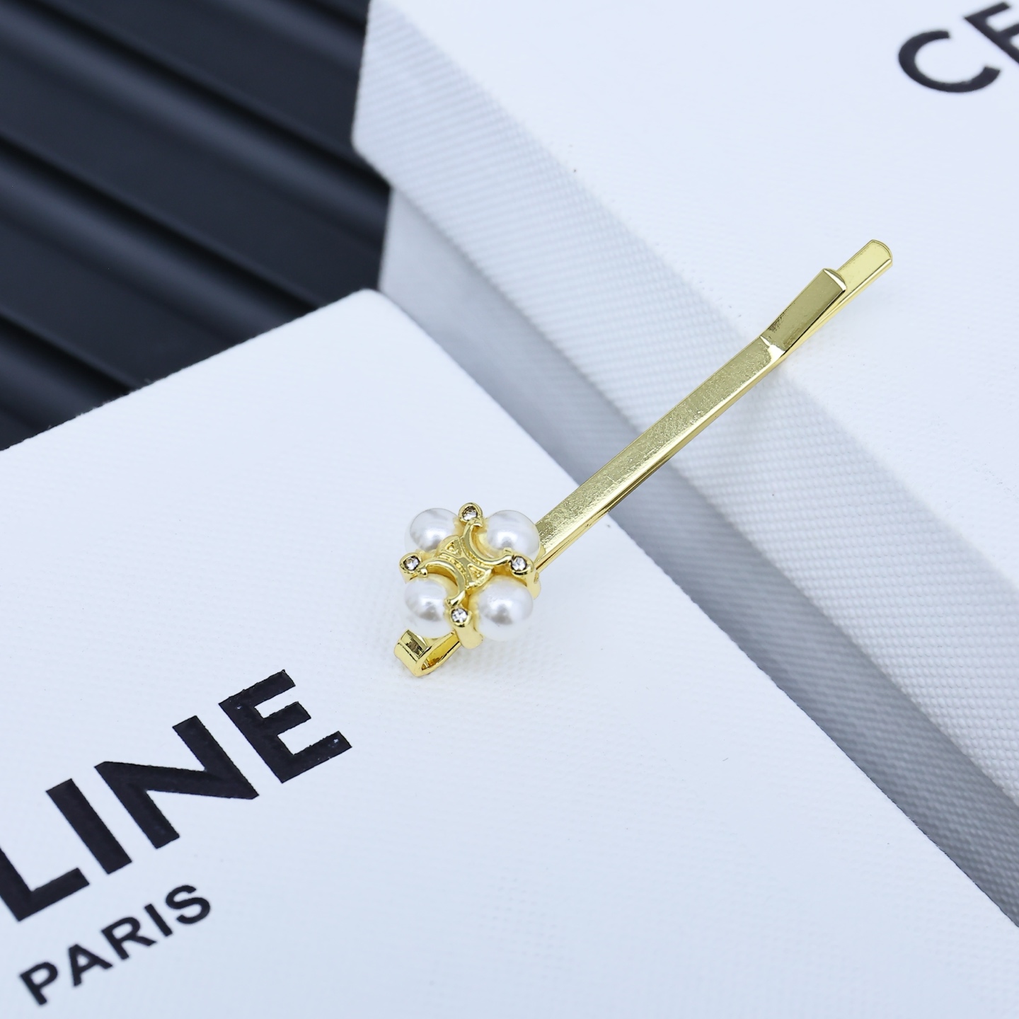 Celine Arc de Triomphe Pearl Flower brooch gold-tone metal with white pearls and clear crystal accents 6cm