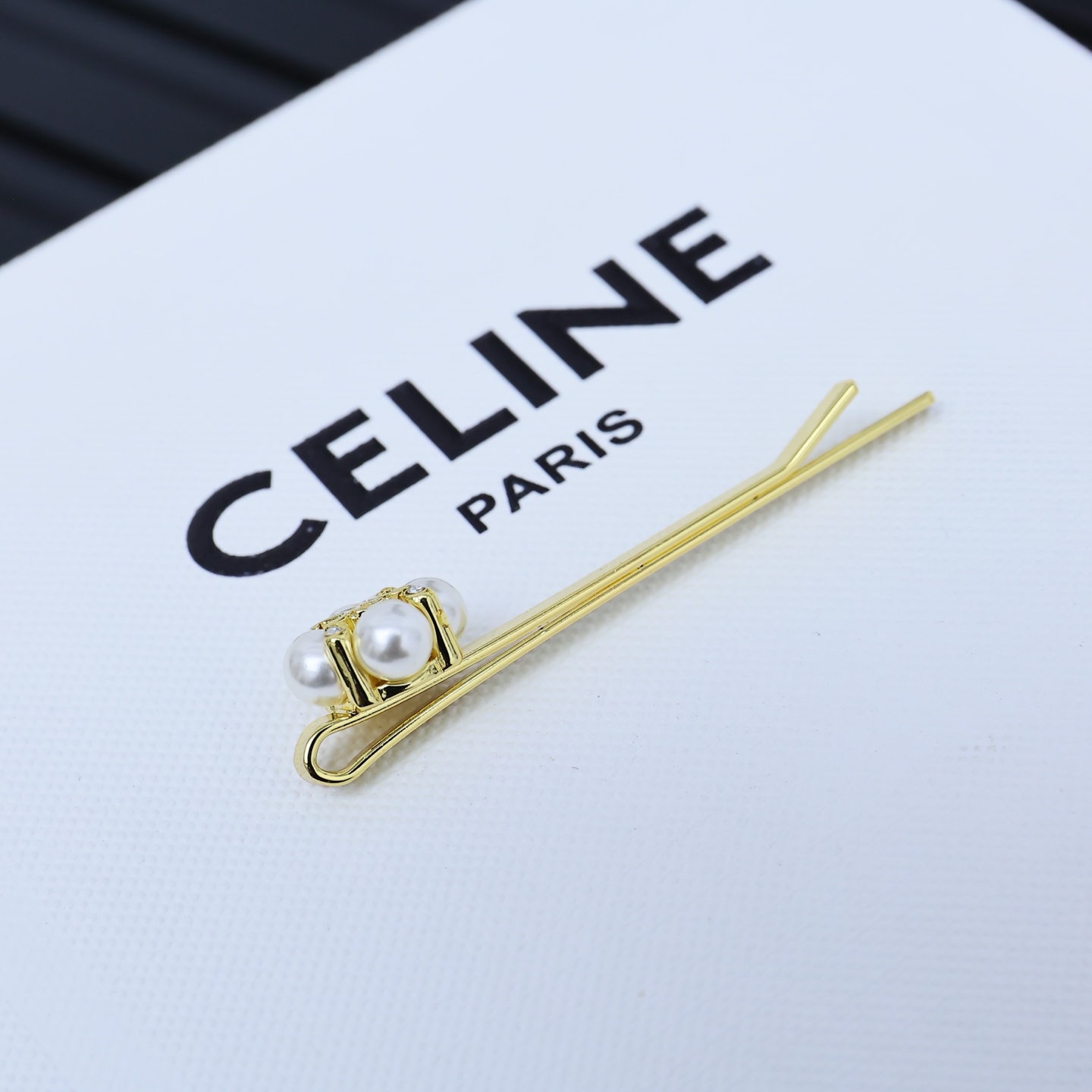 Celine Arc de Triomphe Pearl Flower brooch gold-tone metal with white pearls and clear crystal accents 6cm