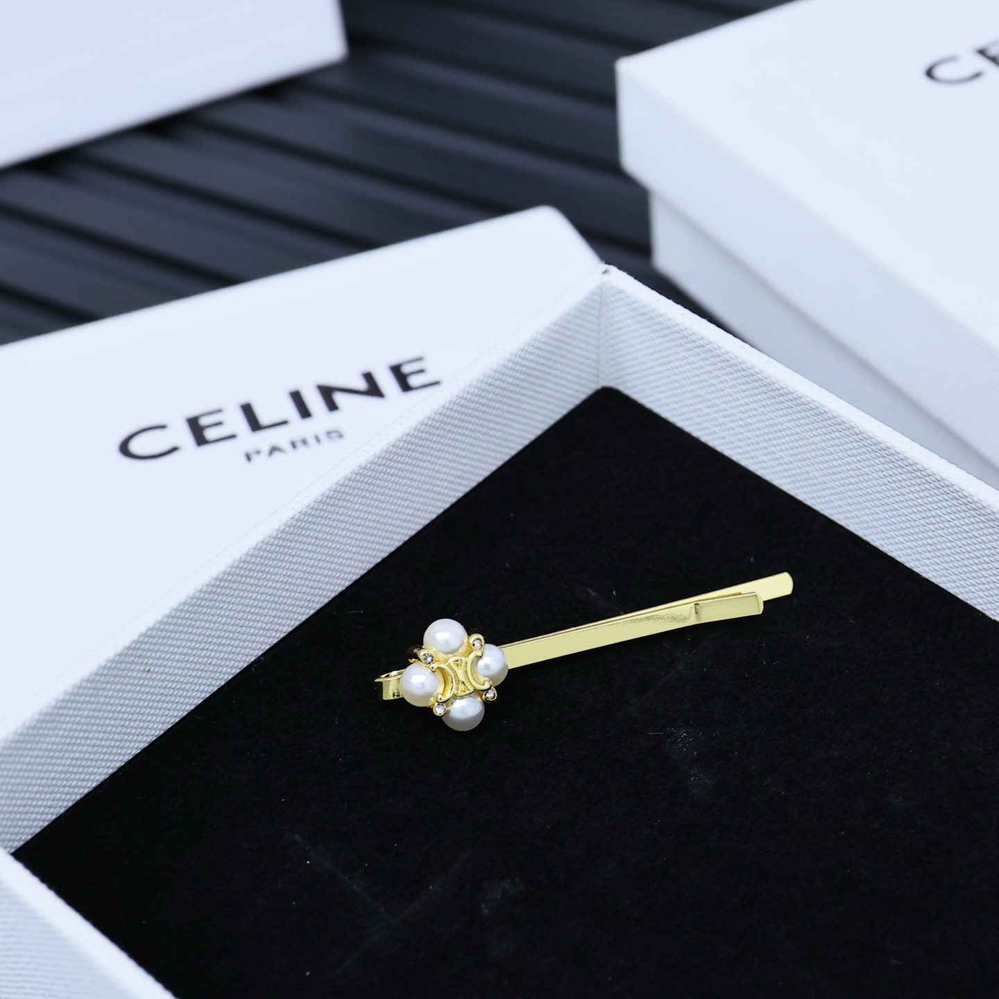 Celine Arc de Triomphe Pearl Flower brooch gold-tone metal with white pearls and clear crystal accents 6cm