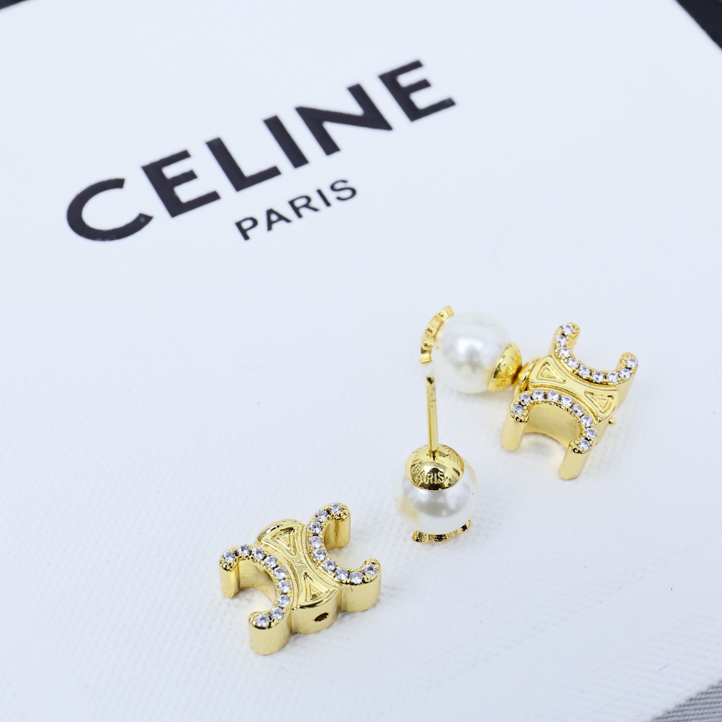 Celine Triomphe Pearl Crystal Stud Earrings earrings gold-tone metal white pearl clear crystal 1 5cm drop length