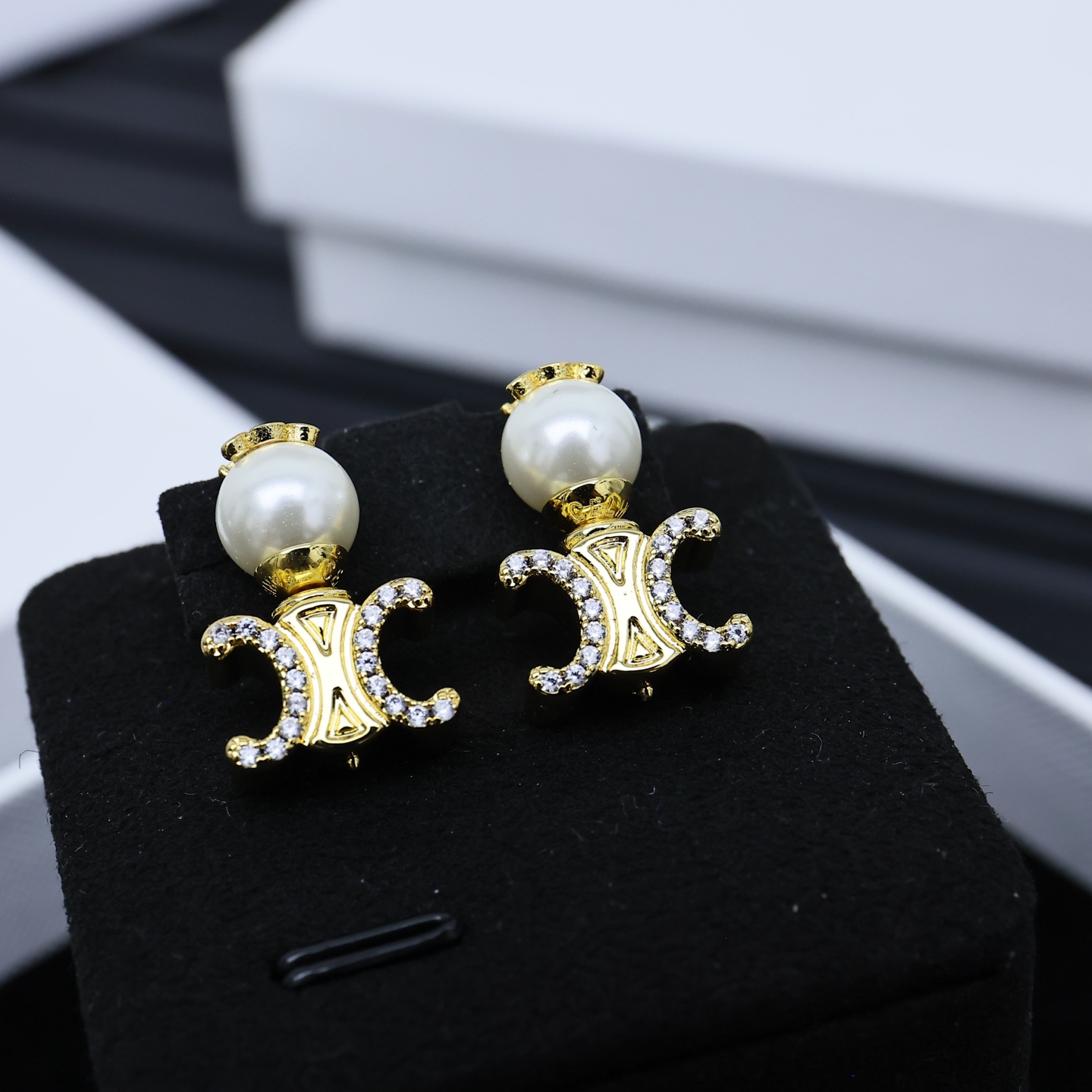 Celine Triomphe Pearl Crystal Stud Earrings earrings gold-tone metal white pearl clear crystal 1 5cm drop length