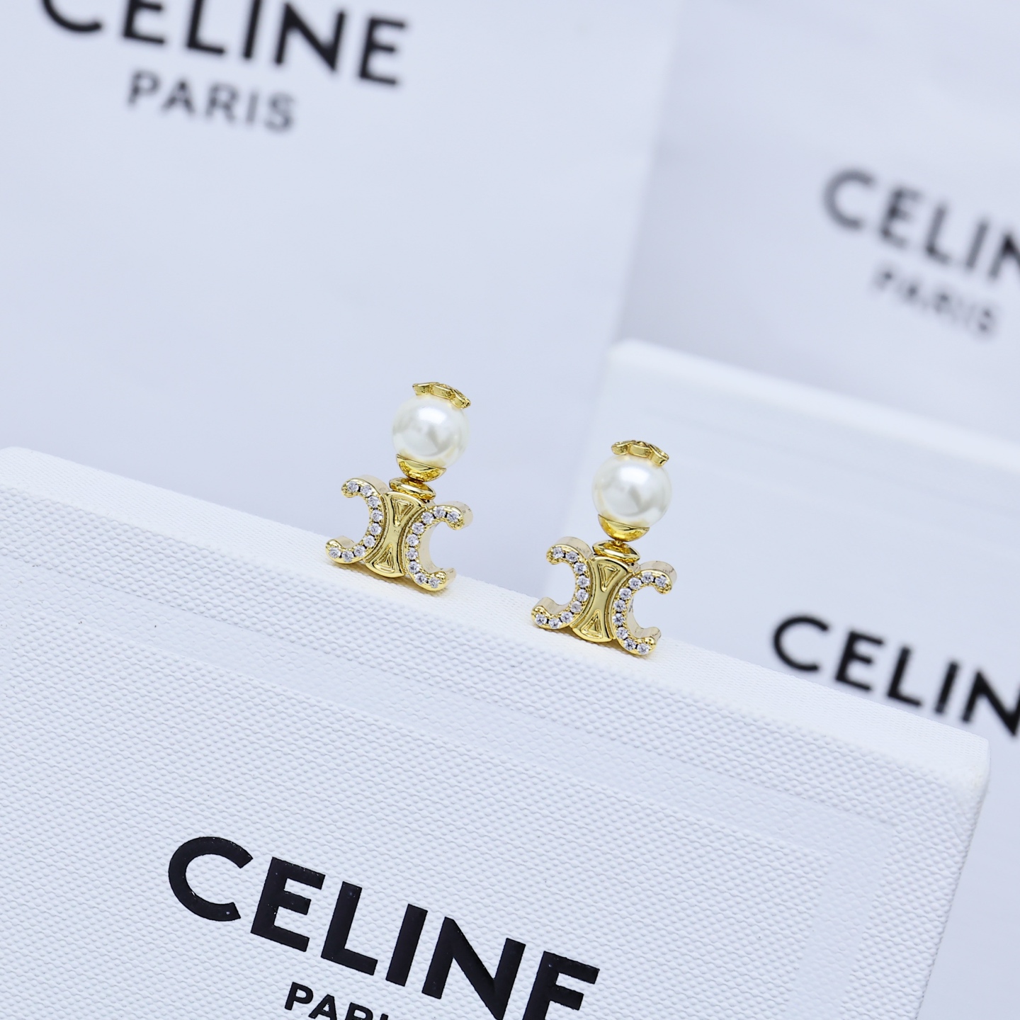 Celine Triomphe Pearl Crystal Stud Earrings earrings gold-tone metal white pearl clear crystal 1 5cm drop length