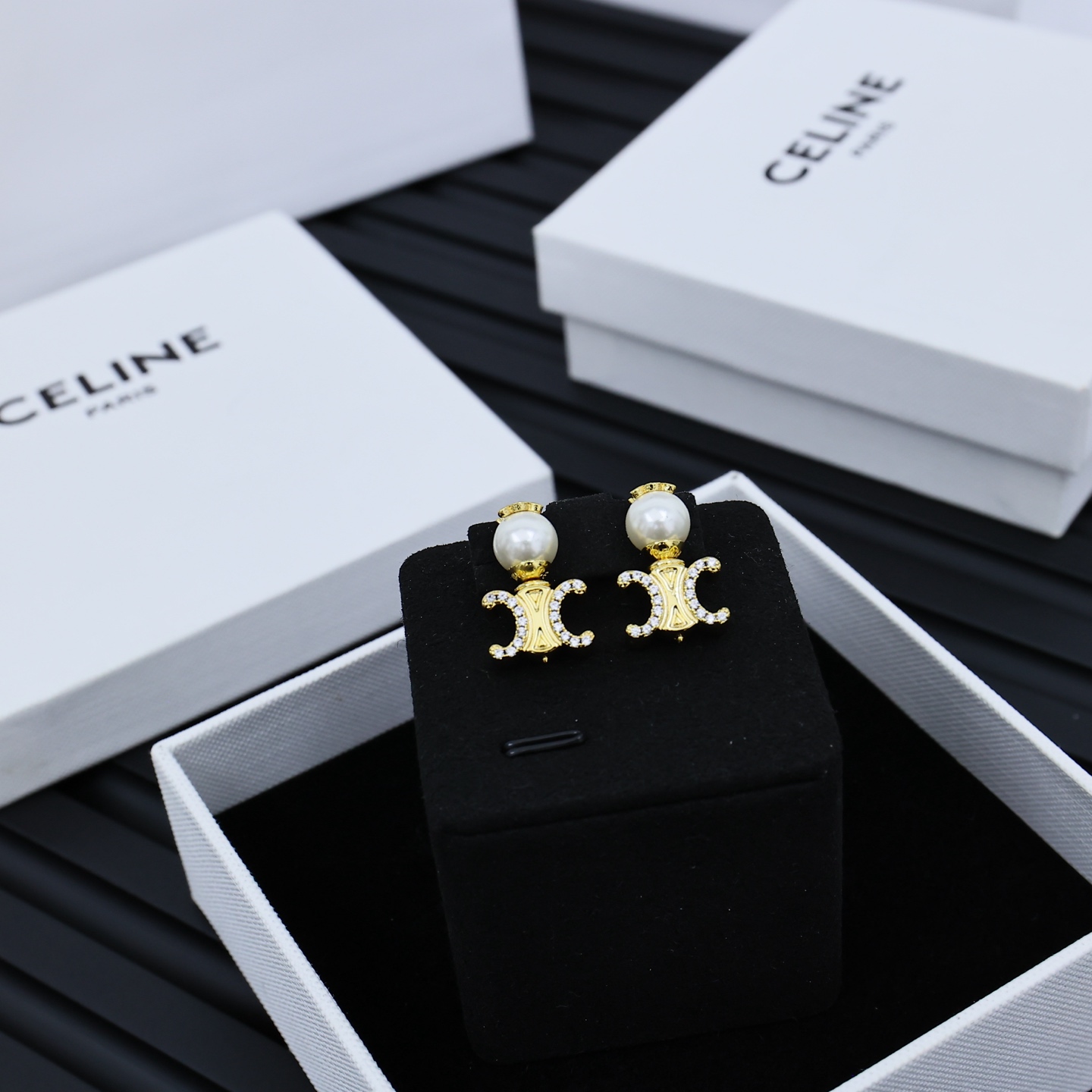 Celine Triomphe Pearl Crystal Stud Earrings earrings gold-tone metal white pearl clear crystal 1 5cm drop length