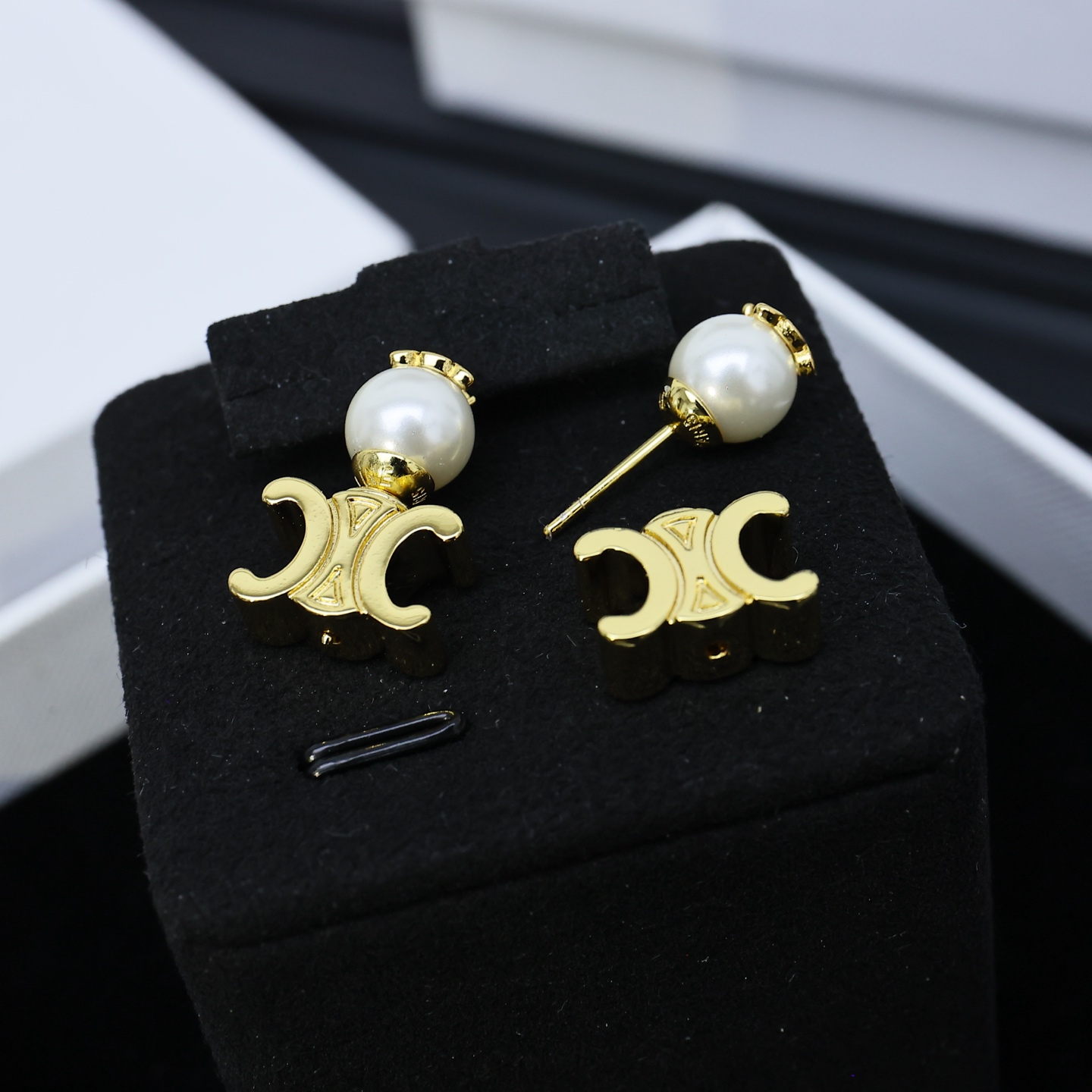 Celine Triomphe Pearl Crystal Stud Earrings earrings gold-tone metal white pearl clear crystal 1 5cm drop length