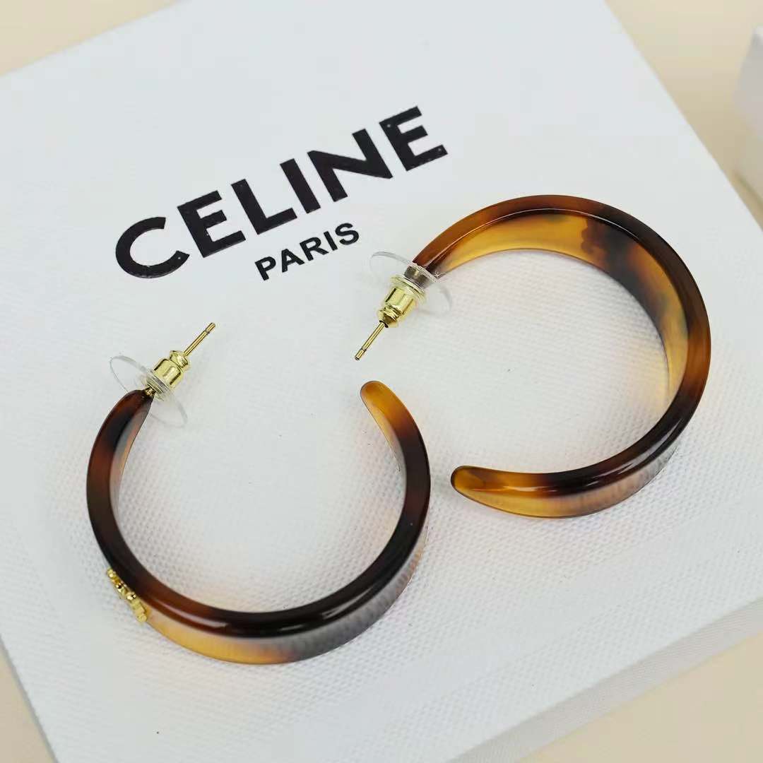 Celine Triomphe Acrylic Hoop Earrings earrings gold-tone metal with tortoiseshell brown amber acrylic 3 5cm hoop diameter