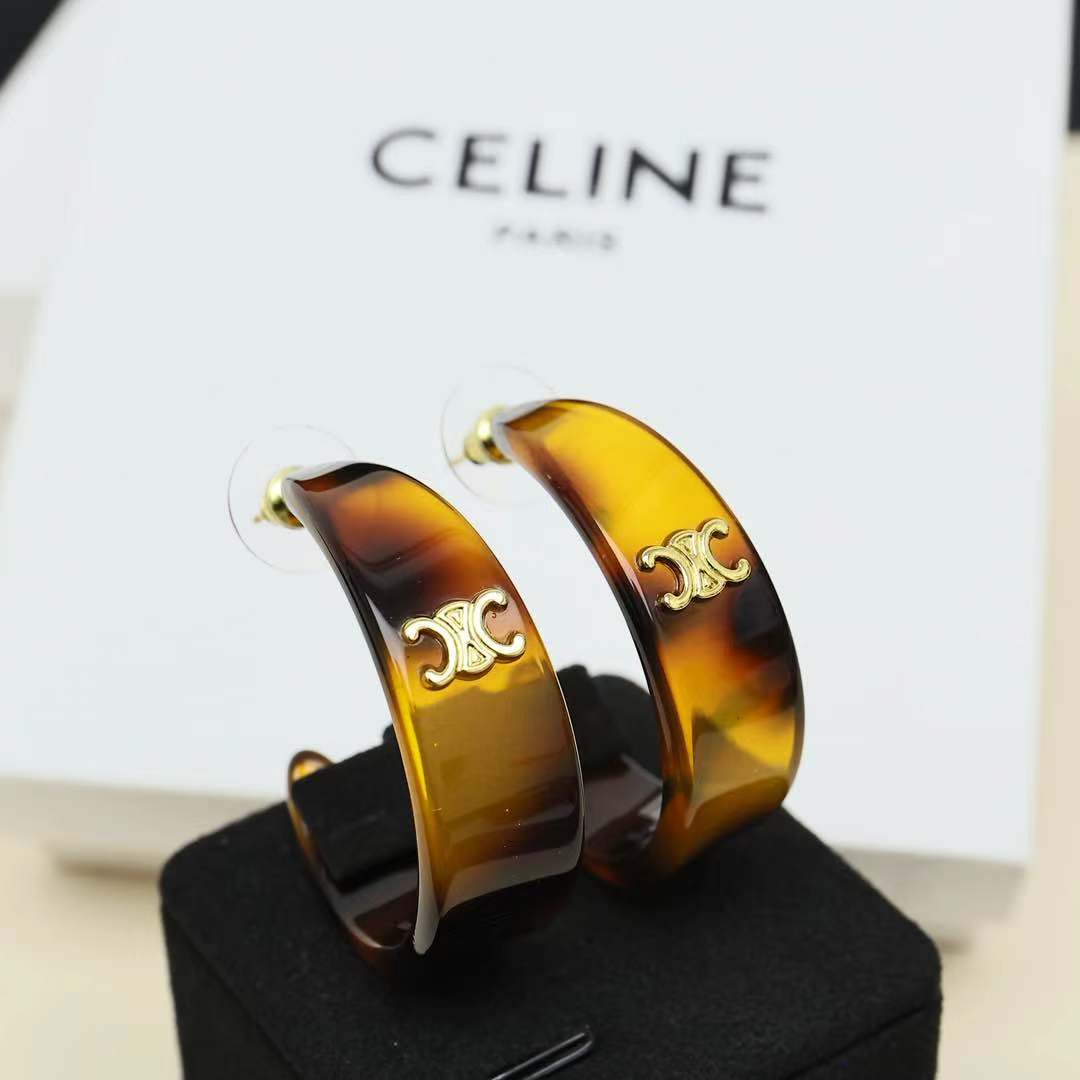 Celine Triomphe Acrylic Hoop Earrings earrings gold-tone metal with tortoiseshell brown amber acrylic 3 5cm hoop diameter