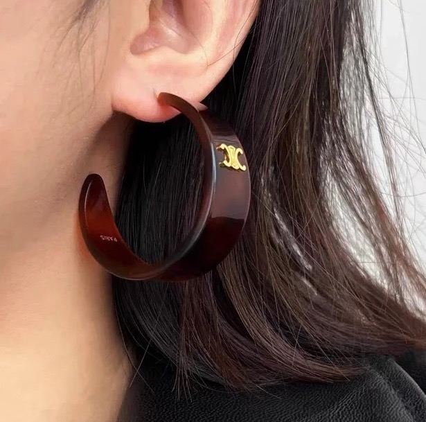 Celine Triomphe Acrylic Hoop Earrings earrings gold-tone metal with tortoiseshell brown amber acrylic 3 5cm hoop diameter
