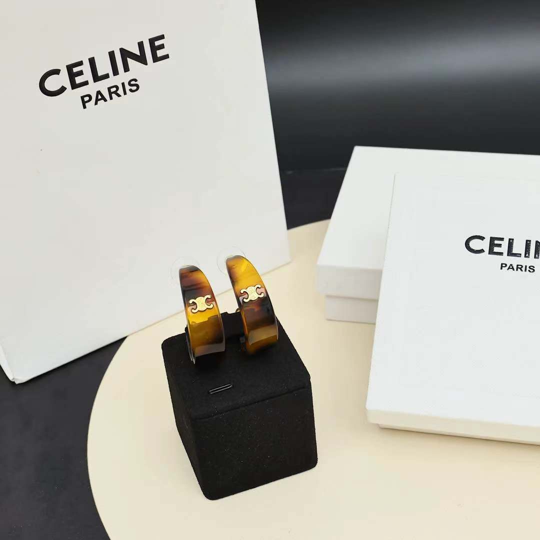 Celine Triomphe Acrylic Hoop Earrings earrings gold-tone metal with tortoiseshell brown amber acrylic 3 5cm hoop diameter