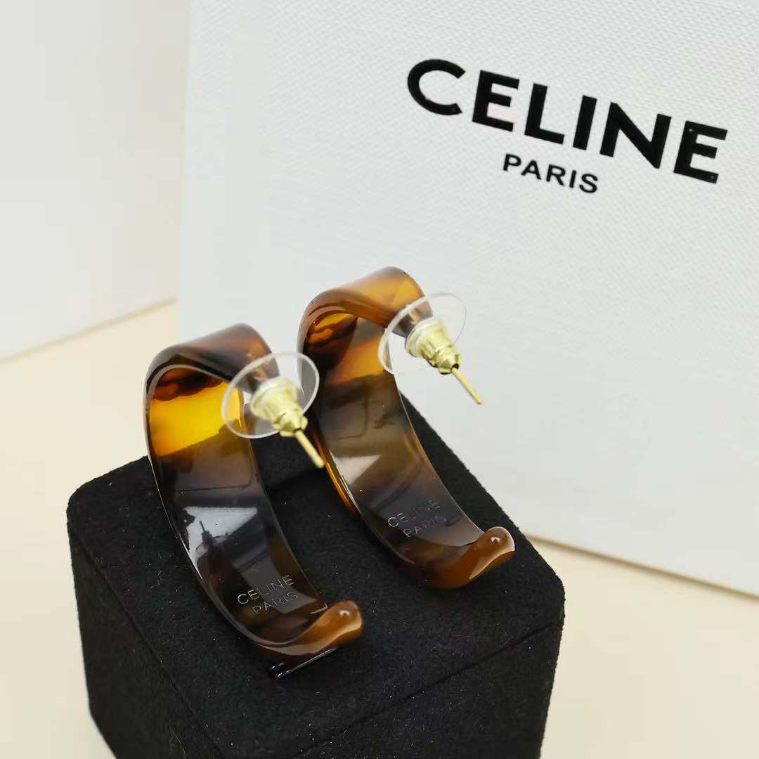 Celine Triomphe Acrylic Hoop Earrings earrings gold-tone metal with tortoiseshell brown amber acrylic 3 5cm hoop diameter