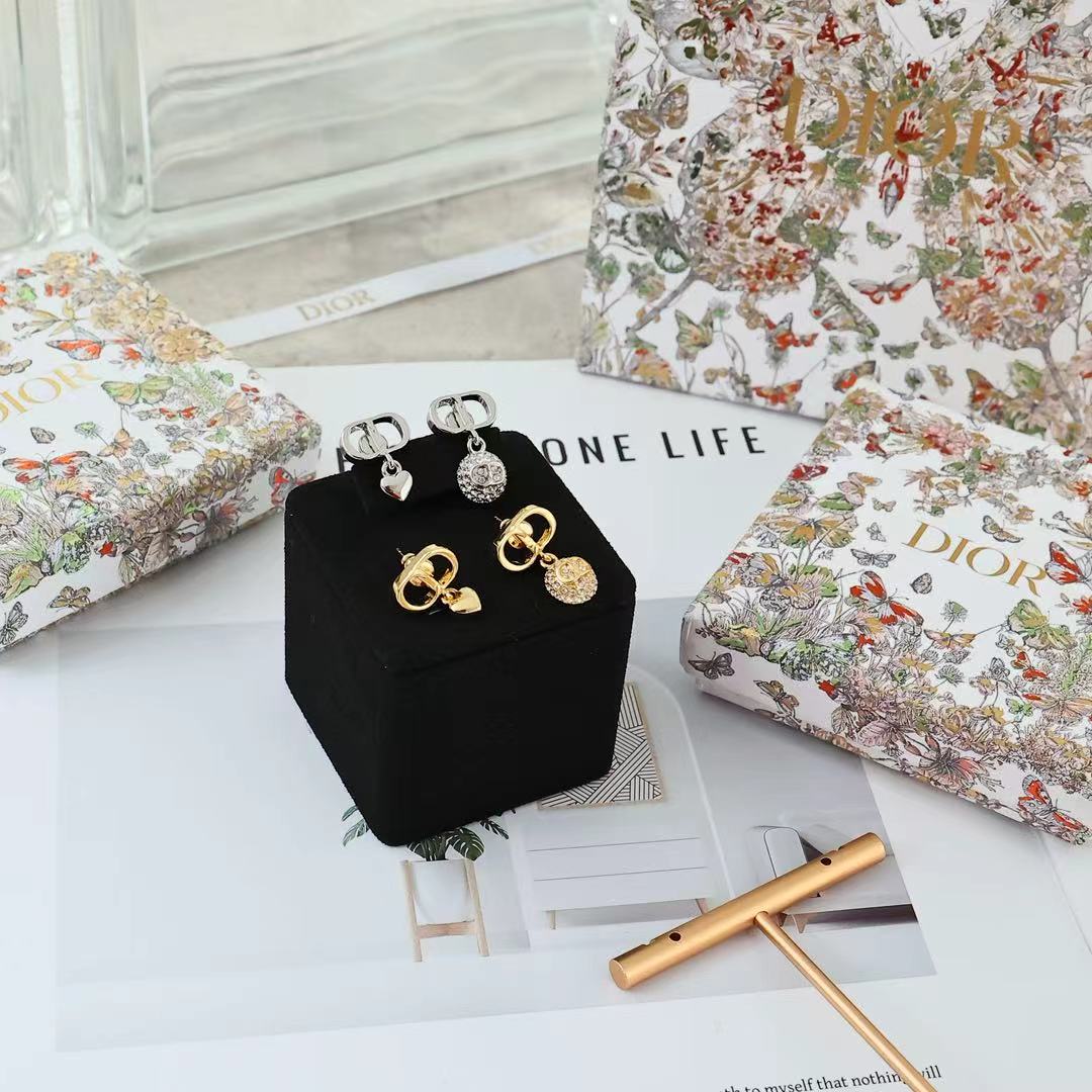 Dior CD Heart Crystal Drop Earrings earrings Silver-tone metal with silver heart charm and clear crystals Gold-tone metal with gold heart charm and clear crystals One Size drop length approx 1 5cm