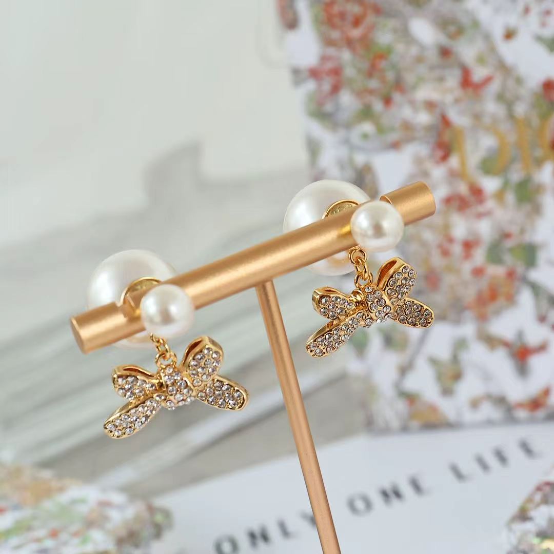 Dior Tribales Bow Pearl Drop Earrings earrings Gold-tone metal cream white faux pearls clear crystal pave One Size drop length approx 2 5cm
