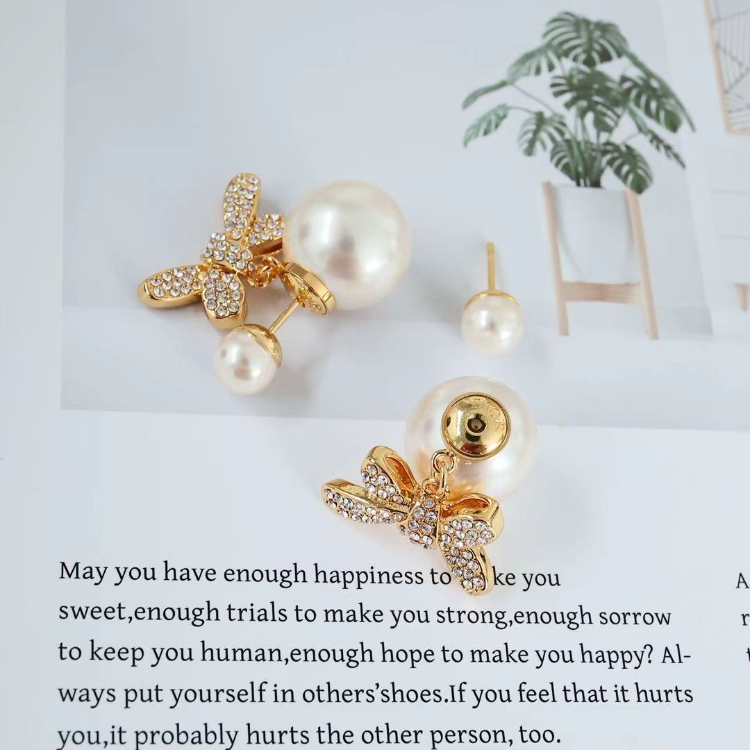 Dior Tribales Bow Pearl Drop Earrings earrings Gold-tone metal cream white faux pearls clear crystal pave One Size drop length approx 2 5cm