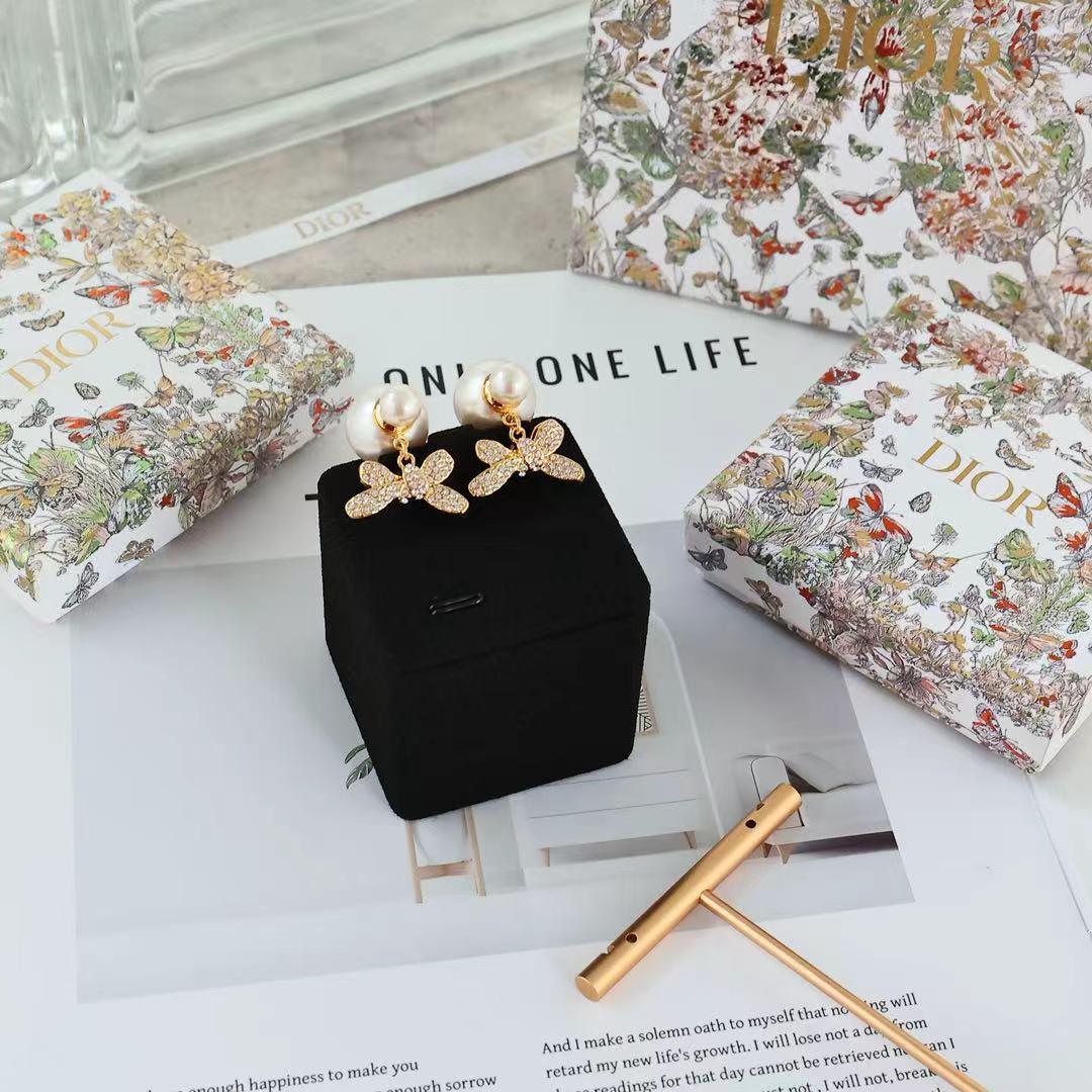 Dior Tribales Bow Pearl Drop Earrings earrings Gold-tone metal cream white faux pearls clear crystal pave One Size drop length approx 2 5cm