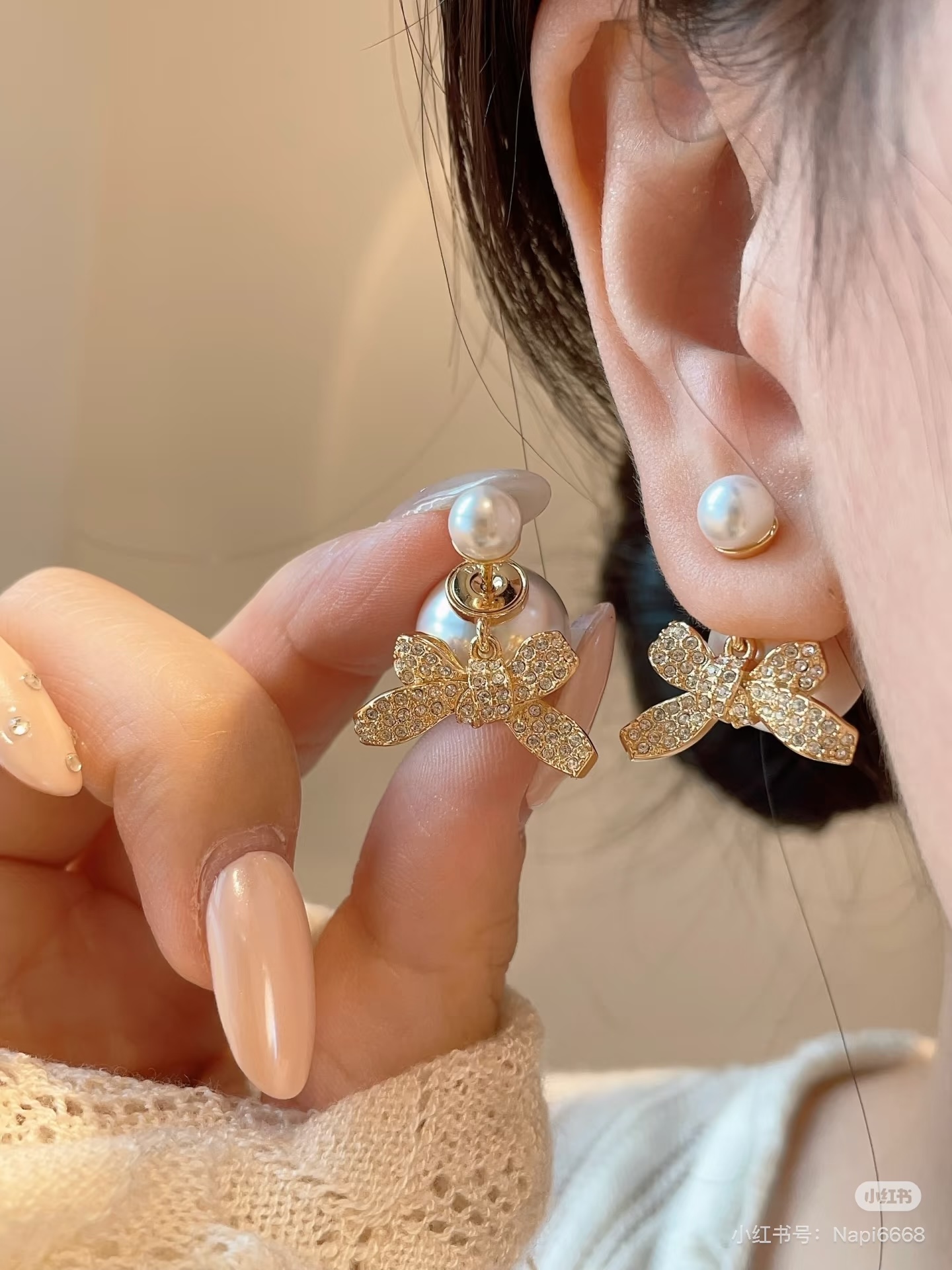 Dior Tribales Bow Pearl Drop Earrings earrings Gold-tone metal cream white faux pearls clear crystal pave One Size drop length approx 2 5cm